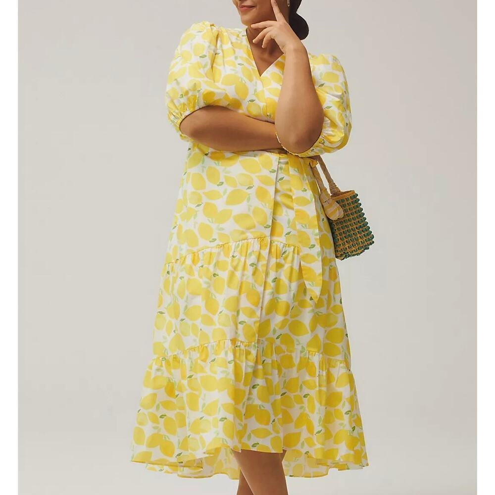 Anthropologie Hutch Tiered Wrap Midi Dress Lemon Yellow Size Small